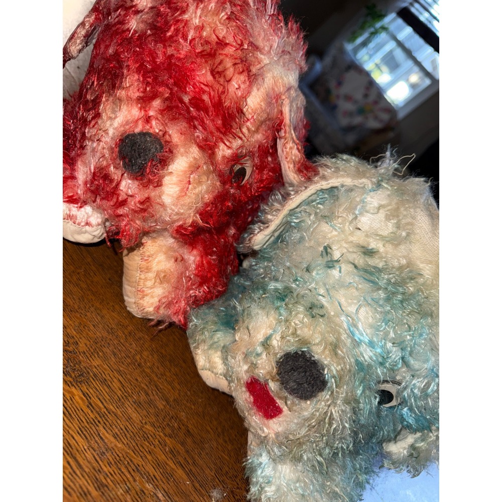 Vintage Shaggy Plush Puppy Dog Pair Red Blue Googly‎ Eyes Kitsch Distressed 11in